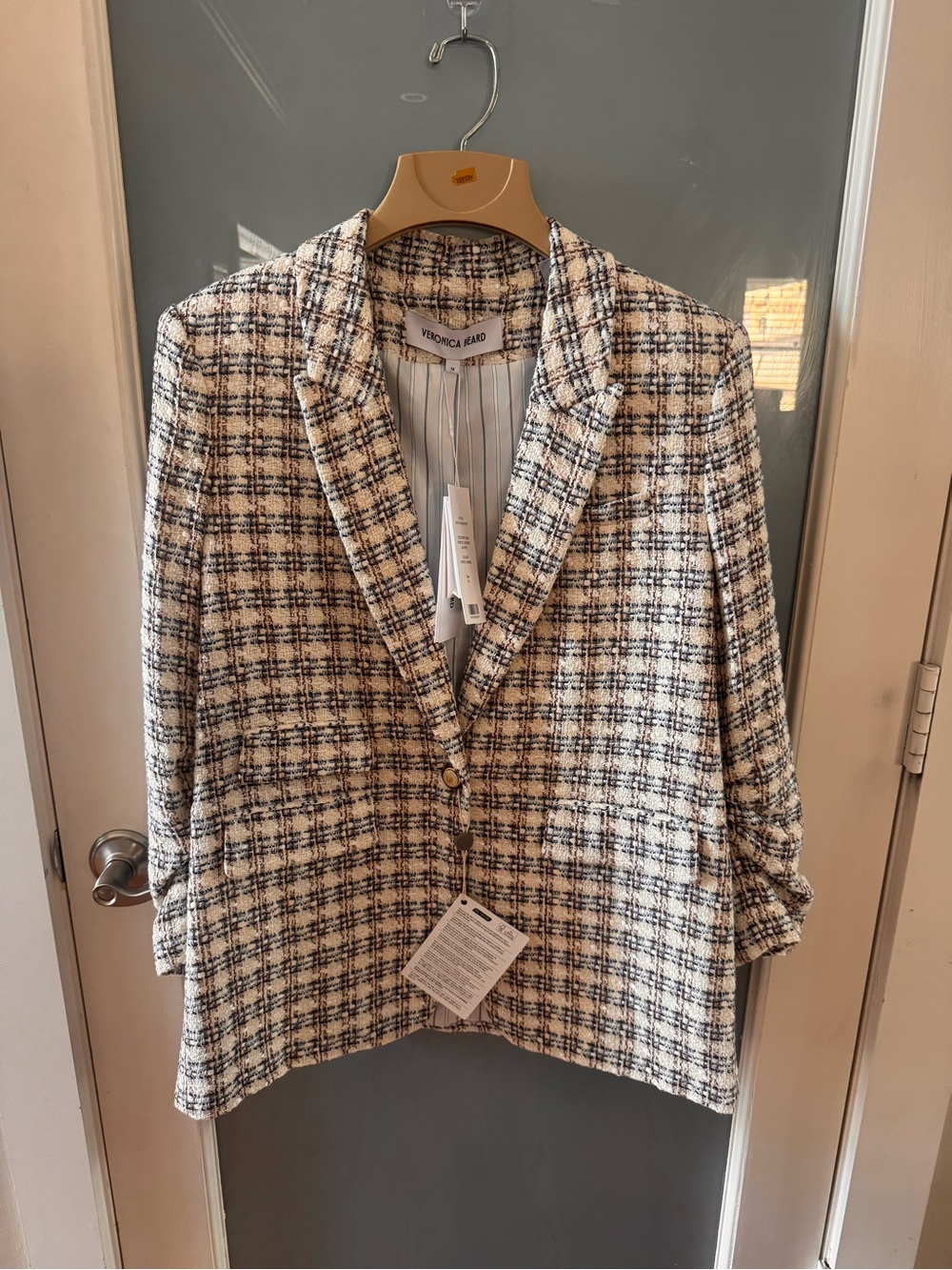 Veronica Beard Cream and Navy Plaid Tweed Blazer Jacket
